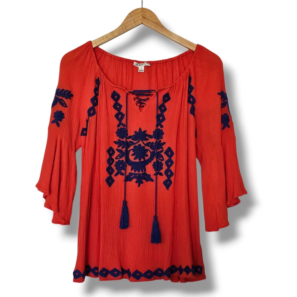 John Paul Richard Peasant Top S Womens Red Blue Embroidered Boho Tassel Peasant